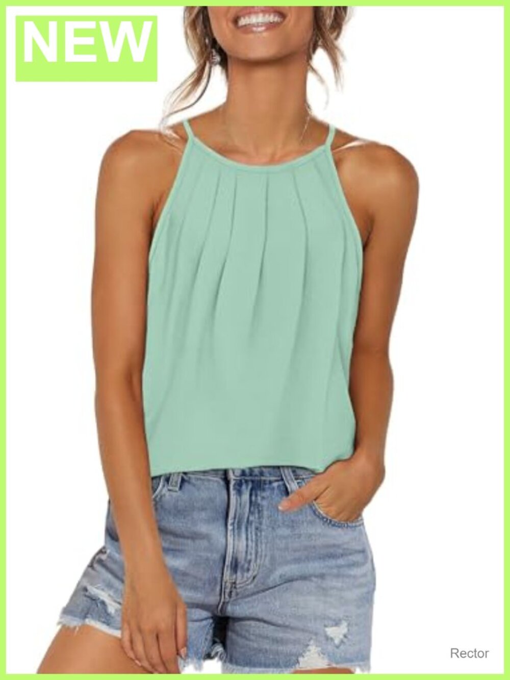 Women Pleated Halter Tank Top Spaghetti Strap Camisole Curved Hem Flowy